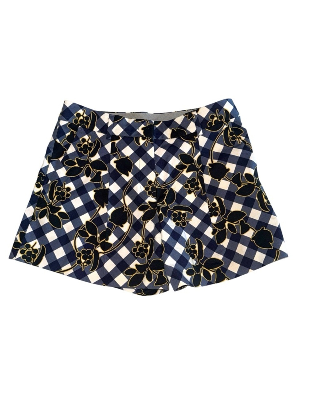 Sportmax Code Designer Floral Blue and White Gingham Shorts Size 6 Pleated